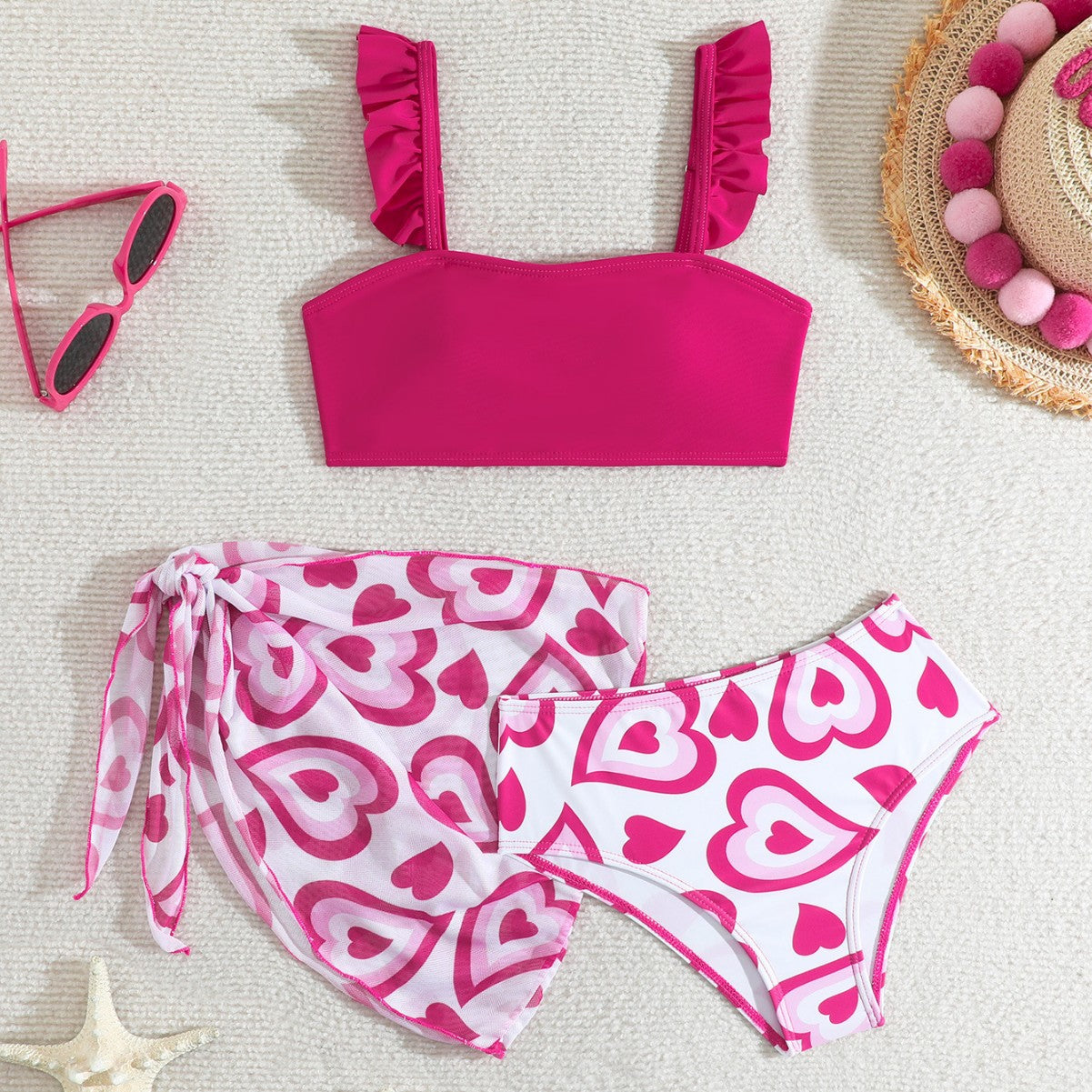 New Style Girls’ Floral Print Swimsuit – Fresh Three-Piece Bikini Set for Kids