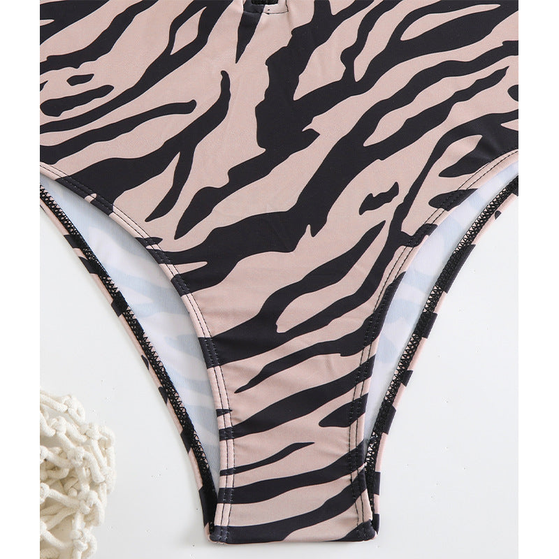 Leopard Print High Collar Zipper One-Piece Swimsuit - Slim Fit