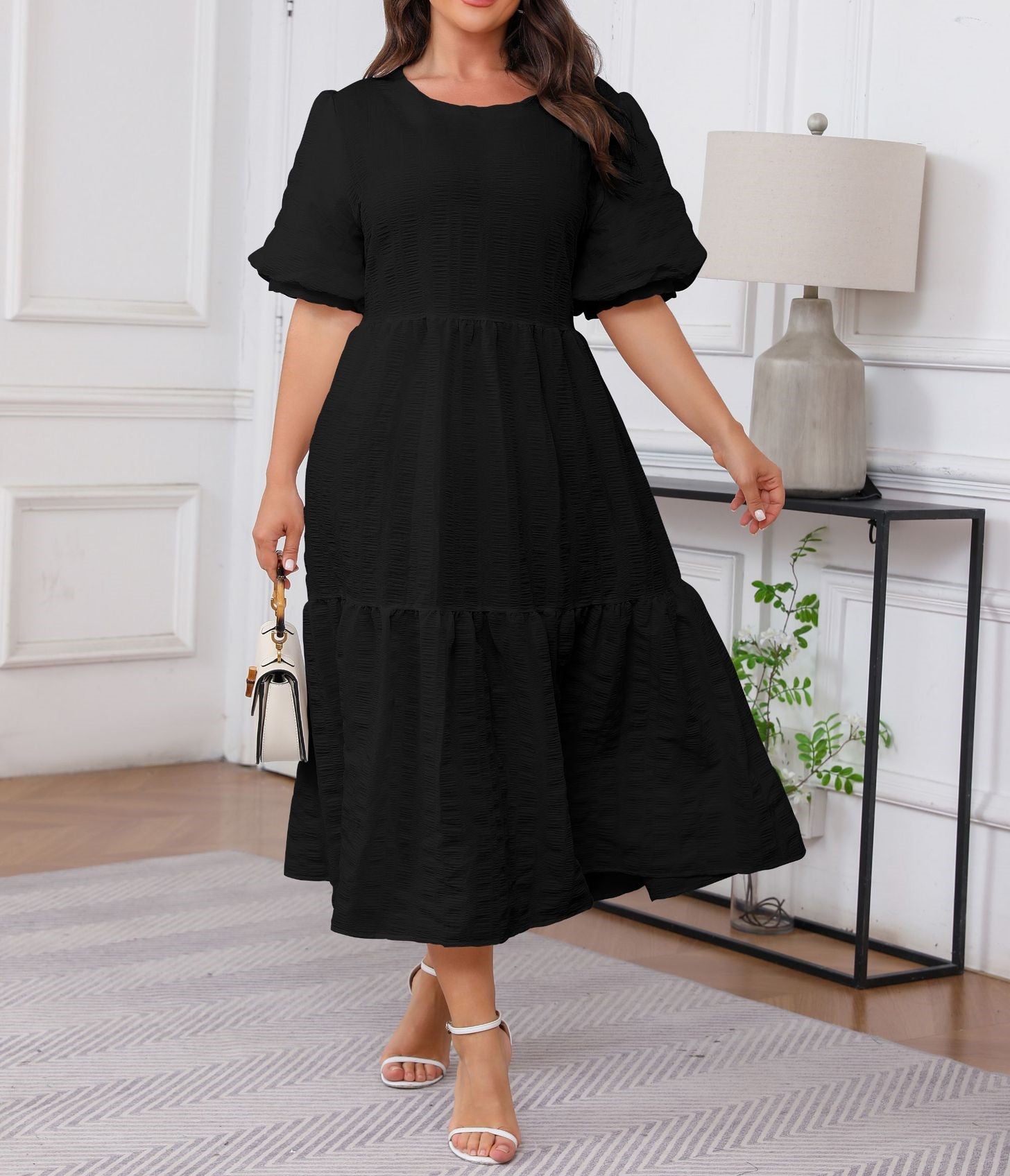 Plus Size Women's Crewneck Fold Layered Bohemian Style Midi Dress Casual Comfortable Everyday Wear