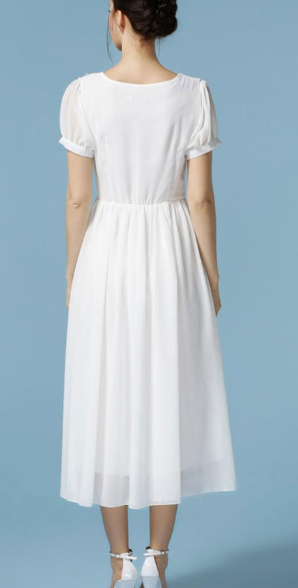 Women Round Neck Pleated Waist Chiffon Dress