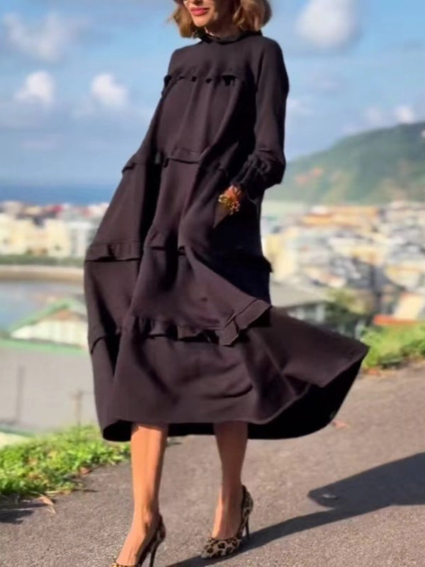 Women's Long-Sleeved Splicing Round Neck Ruffle Dress