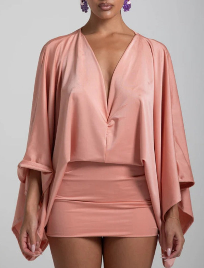 Women’s Pure Color V-Neck Splicing Ultra-Short Versatile Dress