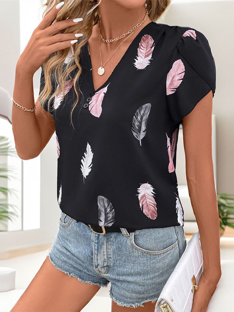Women's V-Neck Feather Print Short Sleeve Loose Fit Casual T-Shirt Top