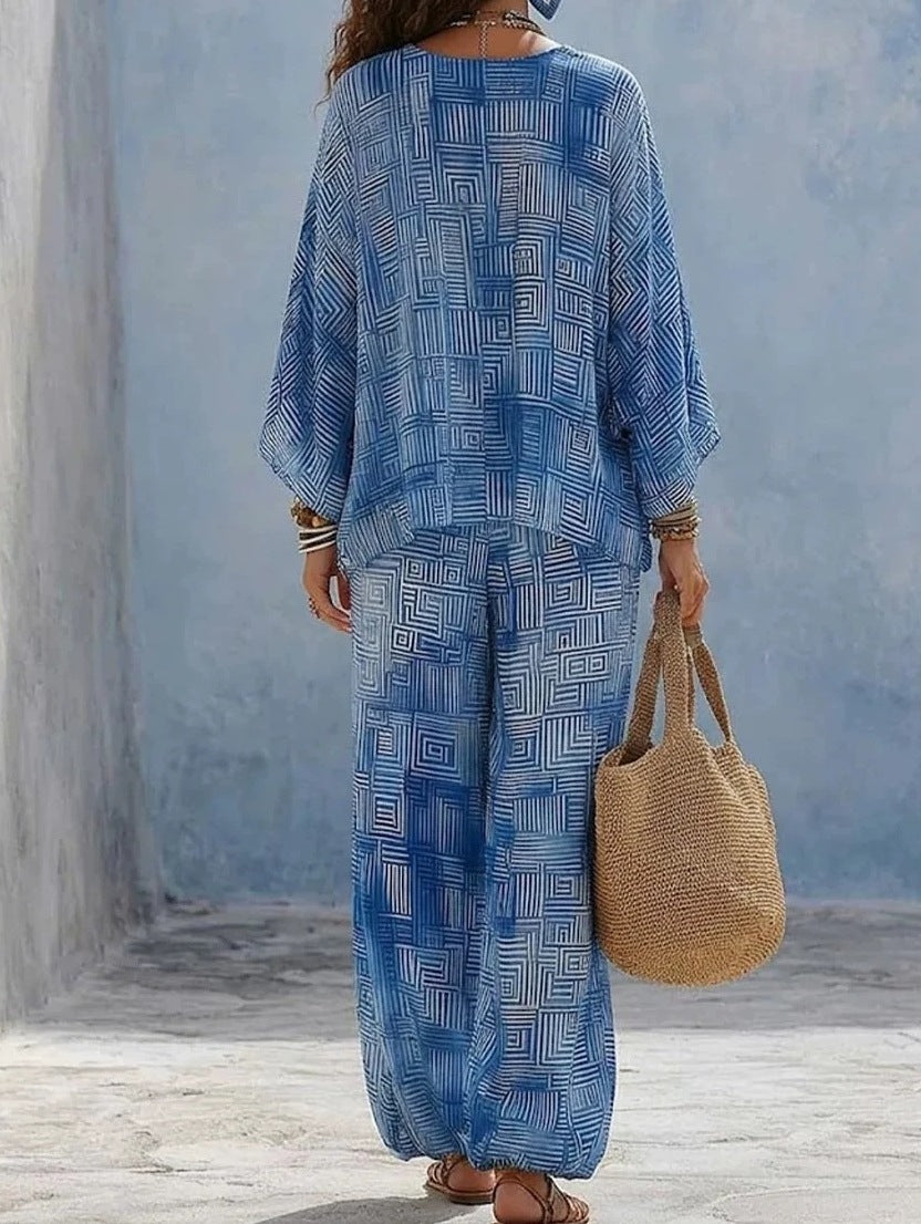 Women's V-Neck Loose Textured Casual Two-Piece Lounge Set