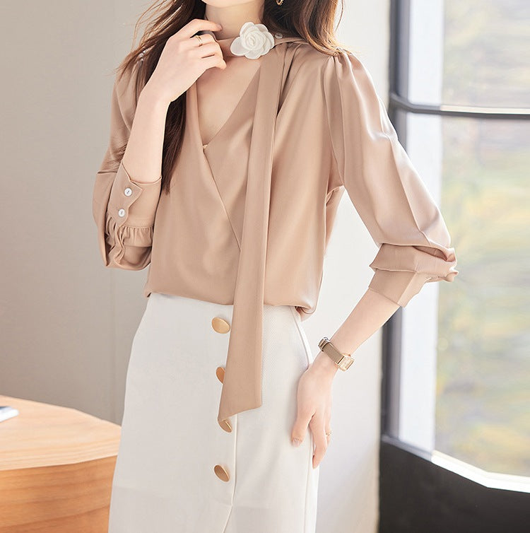 Women's Ruffled Strap Chiffon Shirt - Stylish Elegant Long Sleeve Top