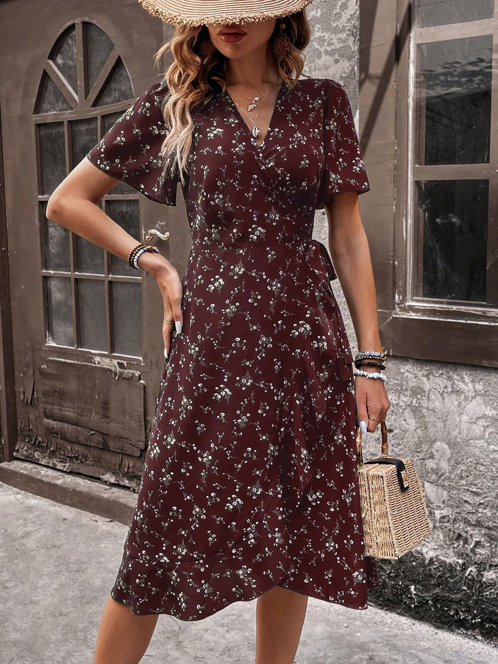 Women's V-Neck French Print Ruffled Lace-Up Midi Dress Elegant Long Sleeve Casual Fashion Dress