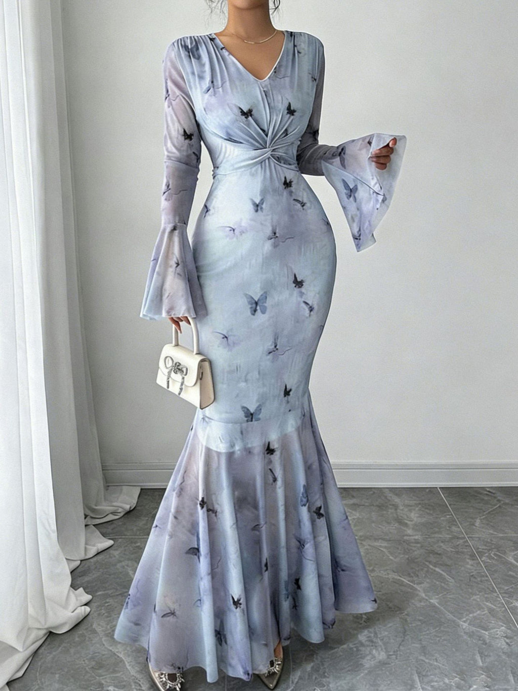 Women's Fitted Fishtail Maxi Dress with Waist Tie Knot Elegant Long Sleeve Dress