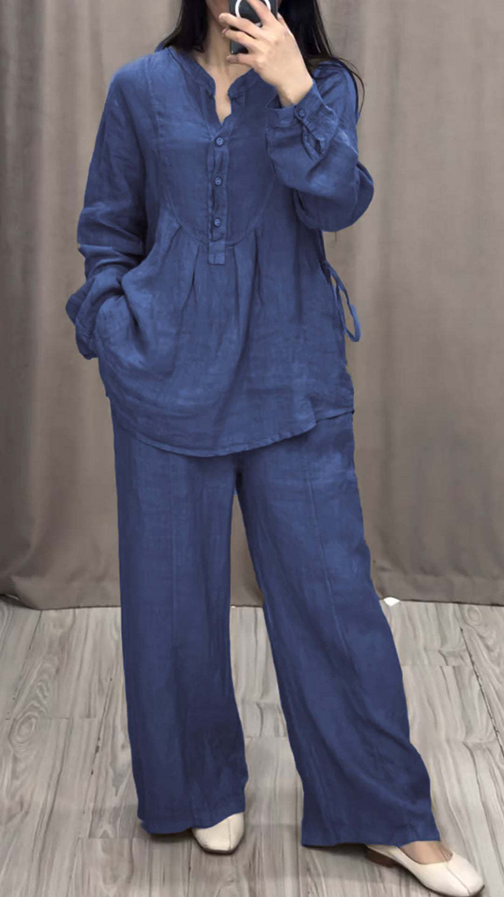 Women's Long Sleeve Half Cardigan Top and Pleated Wide Leg Pants Two-Piece Set