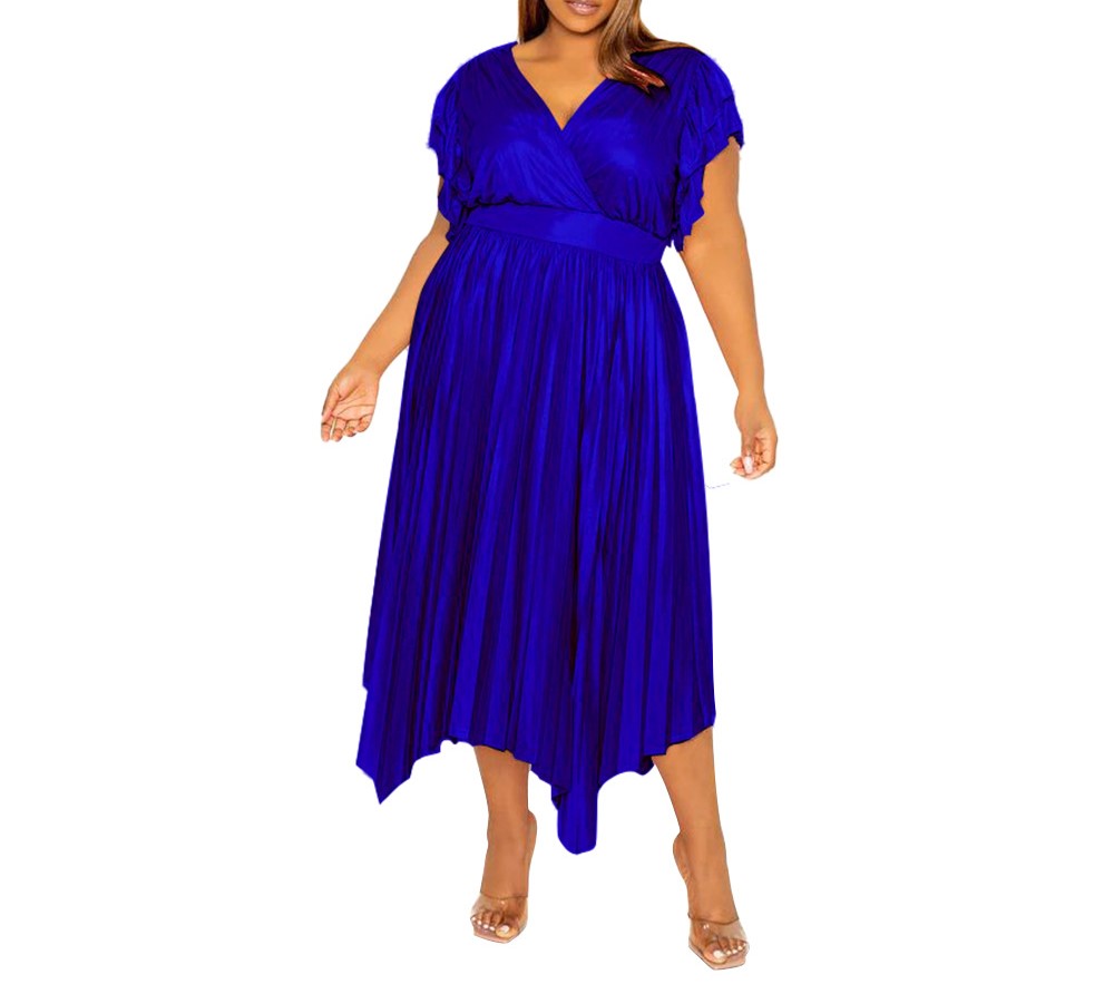 Women’s Plus Size V-Neck Ruffle Sleeve Pleated Maxi Dress – Elegant Spring/Summer Long Dress