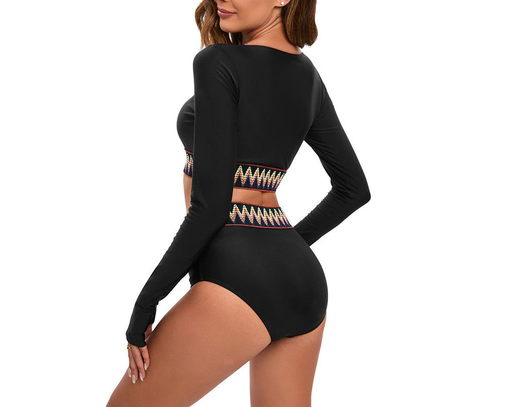 Women's Long Sleeve Black Bikini Surfing Swimsuit – UV Protection Rash Guard Swimsuit, Short Vest Style, Solid Color, Diving Sui