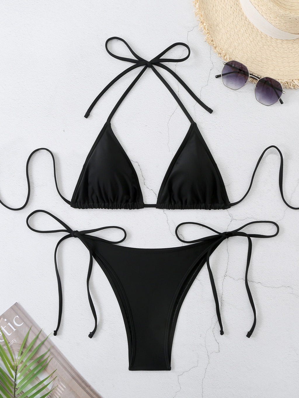 New Solid Color Lace-Up Neck Triangle Bag Bikini Split Swimsuit for Women