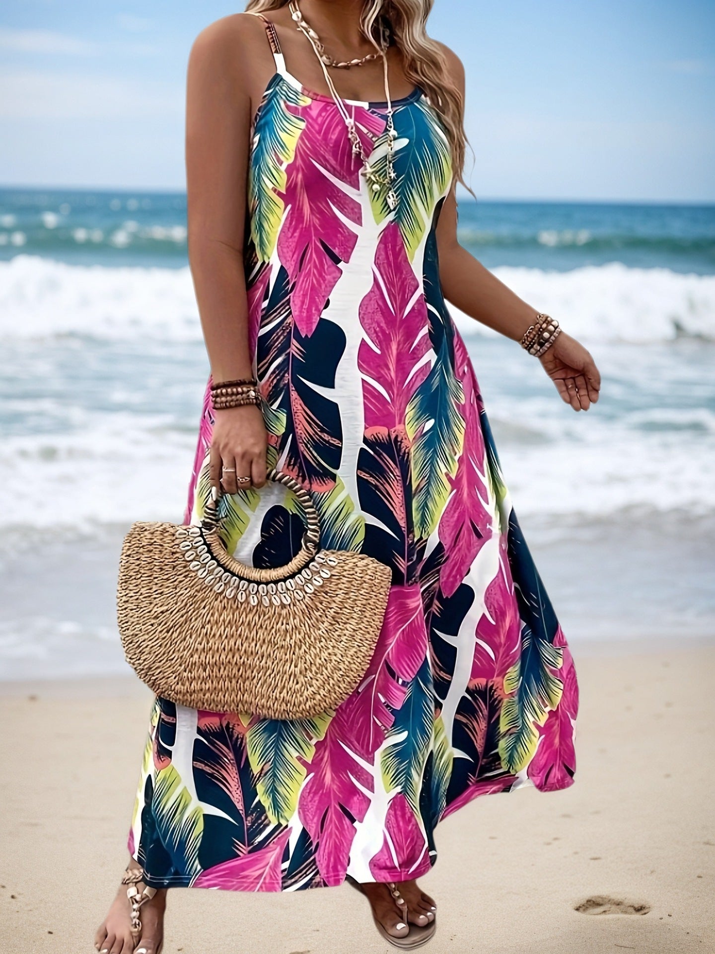 Women's Plus Size Tropical Print Beach Sling Maxi Dress Casual Vacation Summer Sleeveless Dress