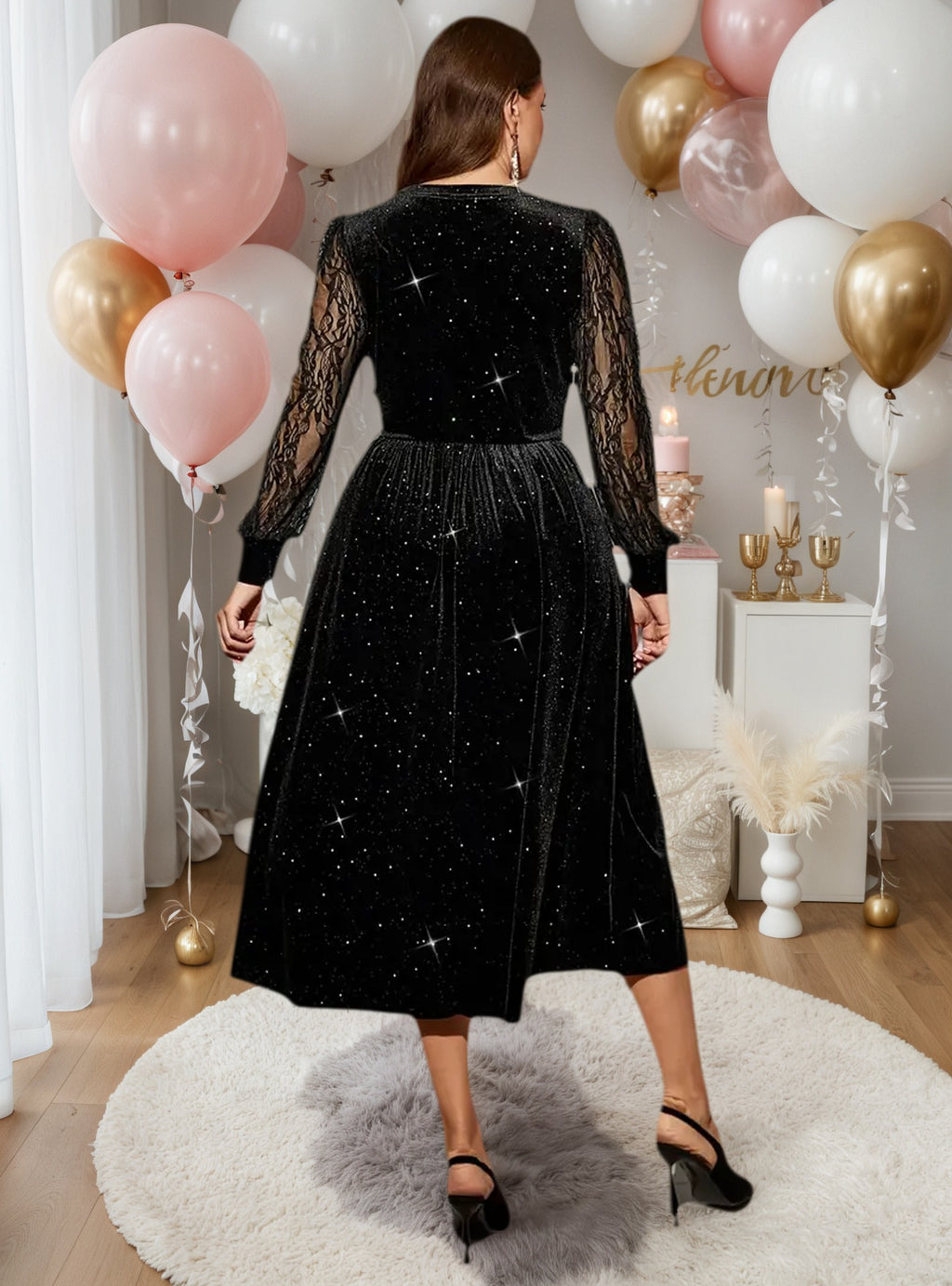Plus Size Women's Long Sleeve Lace Spliced Midi Dress Elegant Round Neck Casual Party Dress