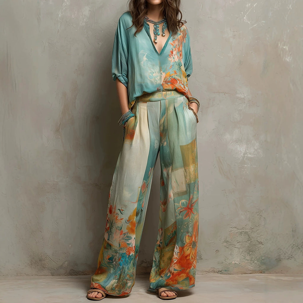 Women's Casual Resort Style Deep V-Neck Top & Wide-Leg Pants Two-Piece Set