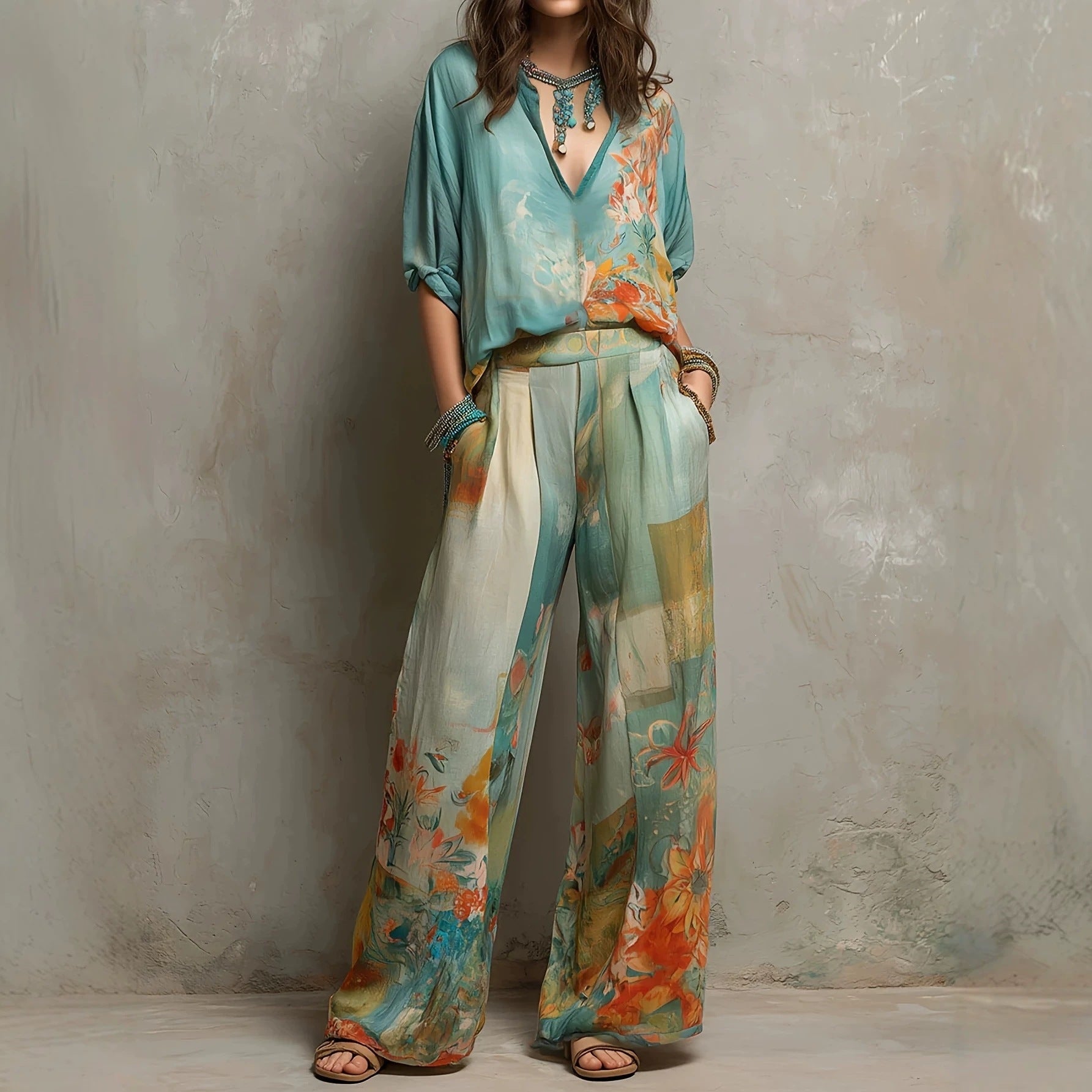 Women's Casual Resort Style Deep V-Neck Top & Wide-Leg Pants Two-Piece Set