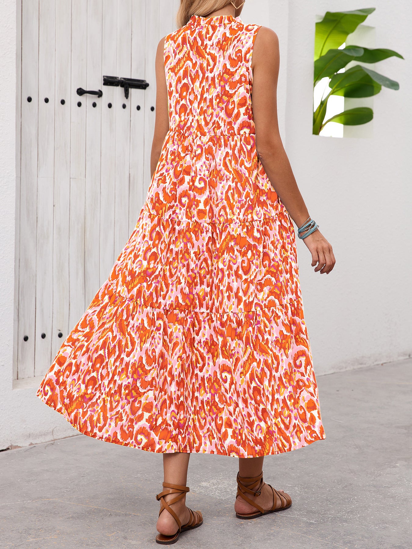 New Women's V-Neck Printed Lace-Up Bohemian Style Maxi Dress for Summer Vacation, Casual Beach Wear
