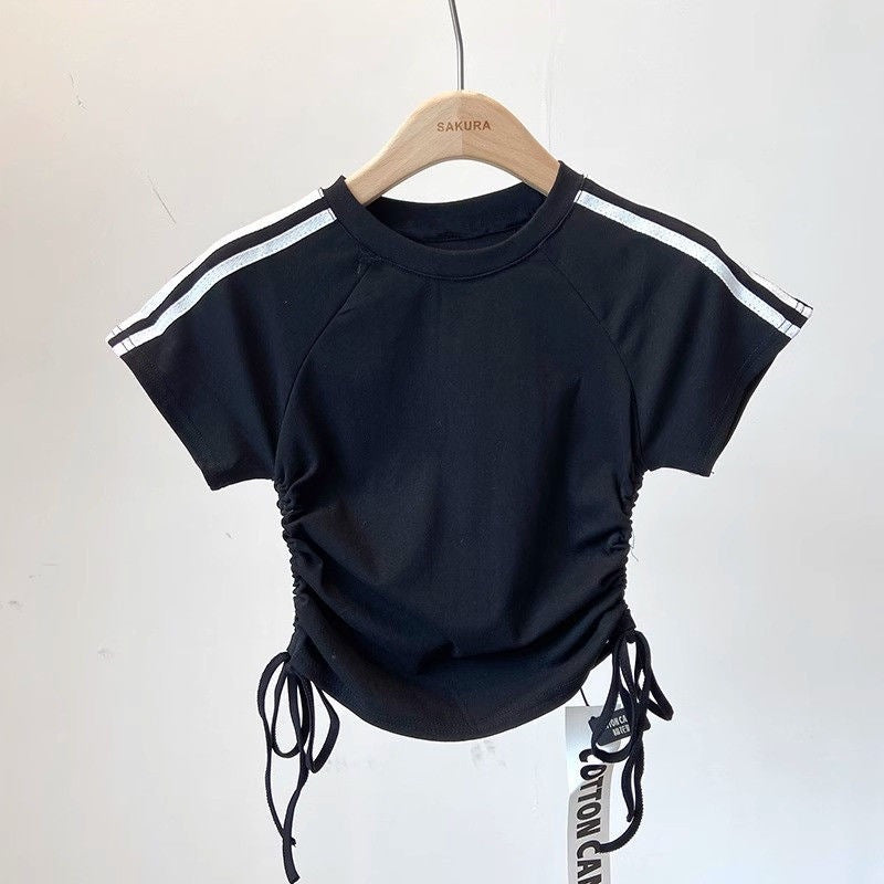 Girls' Summer Striped Short-Sleeve T-Shirt with Drawstring - RAC26JP5503BATT