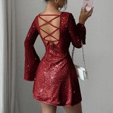 Women's Round Neck Long Sleeve Sequin Party Mini Dress, Elegant European Inspired Evening Dress