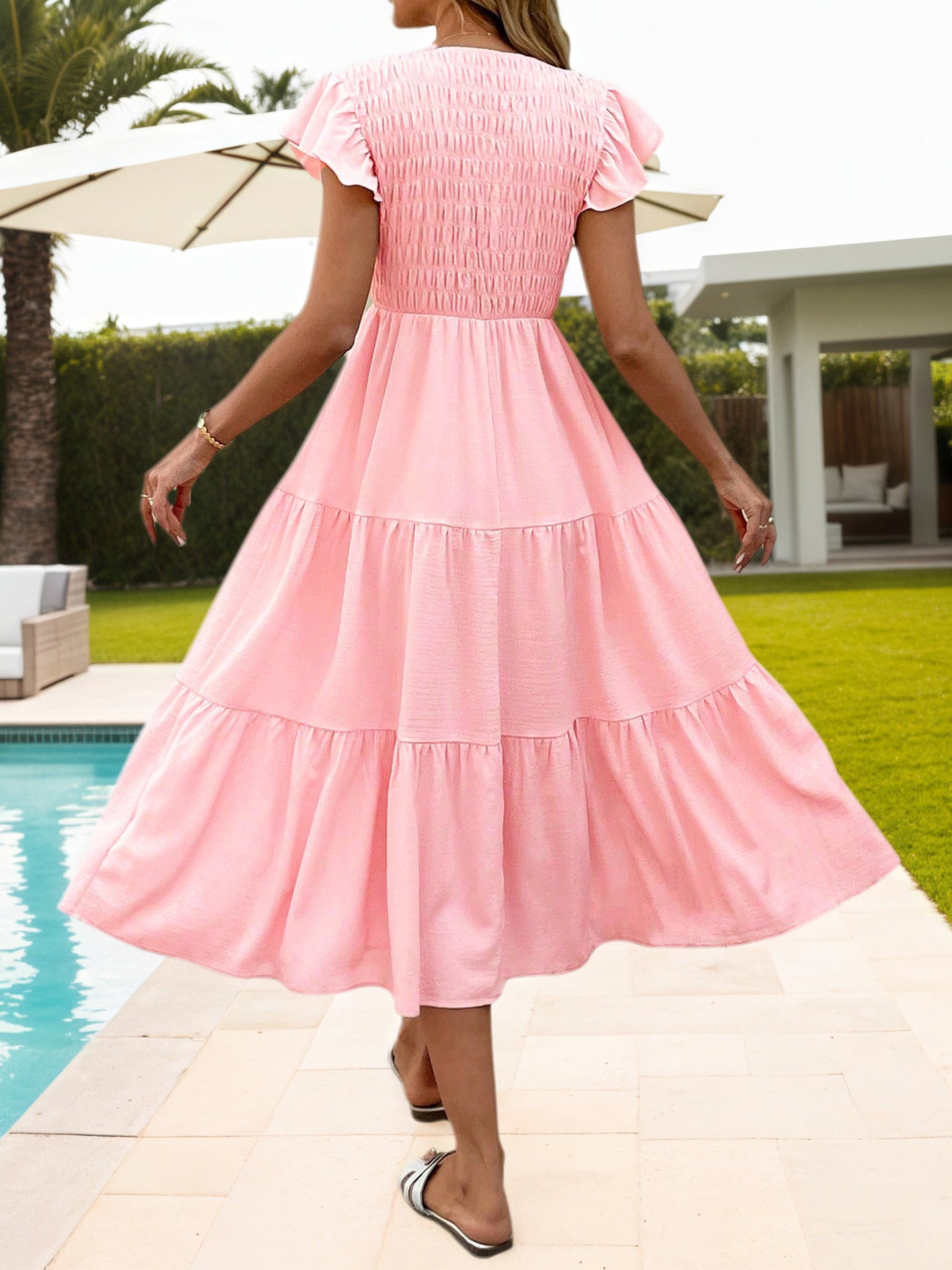 Women's Summer Solid Color Flutter Sleeve Casual Midi Dress