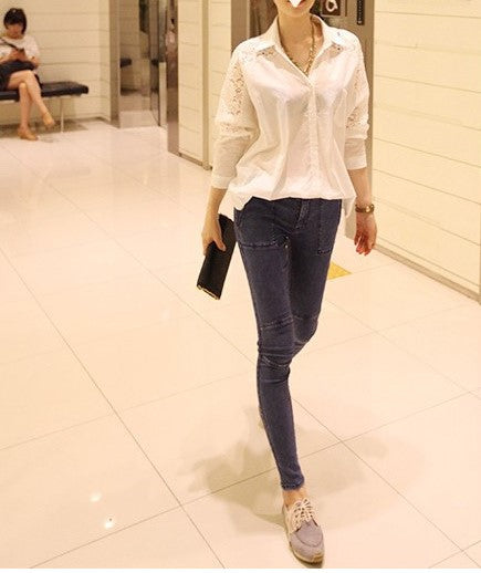 Spring & Autumn Women's Lace Stitching Chiffon Blouse – Loose Fit Batwing Sleeve Solid Color Shirt
