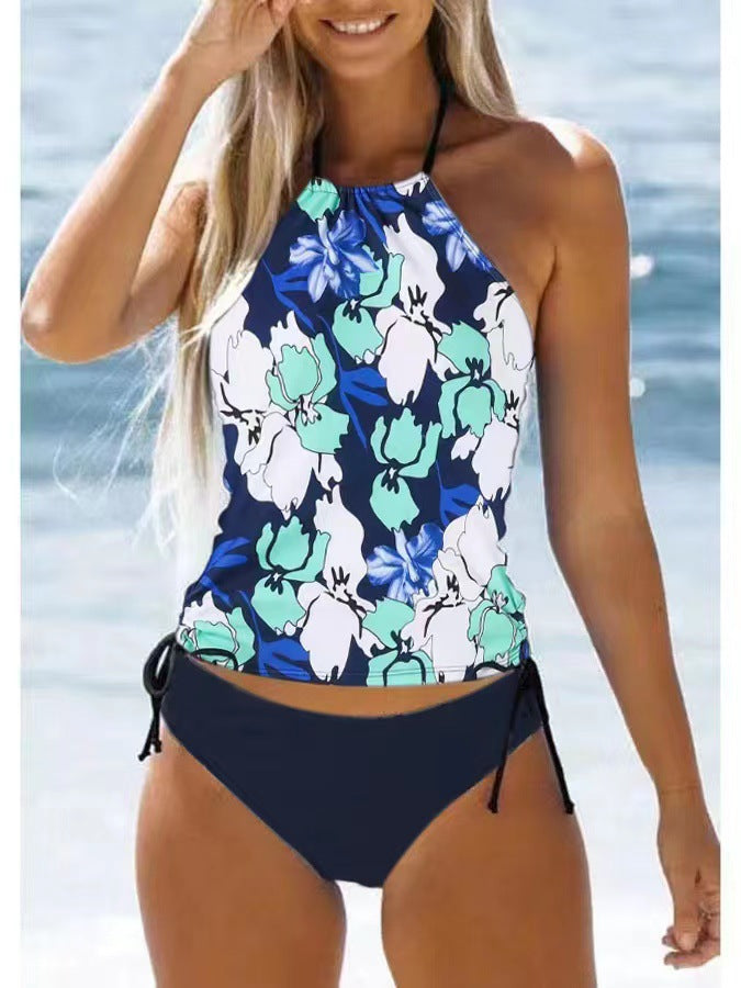 New Digital Print Lace-Up Neck Bikini High-Collar Split Swimsuit
