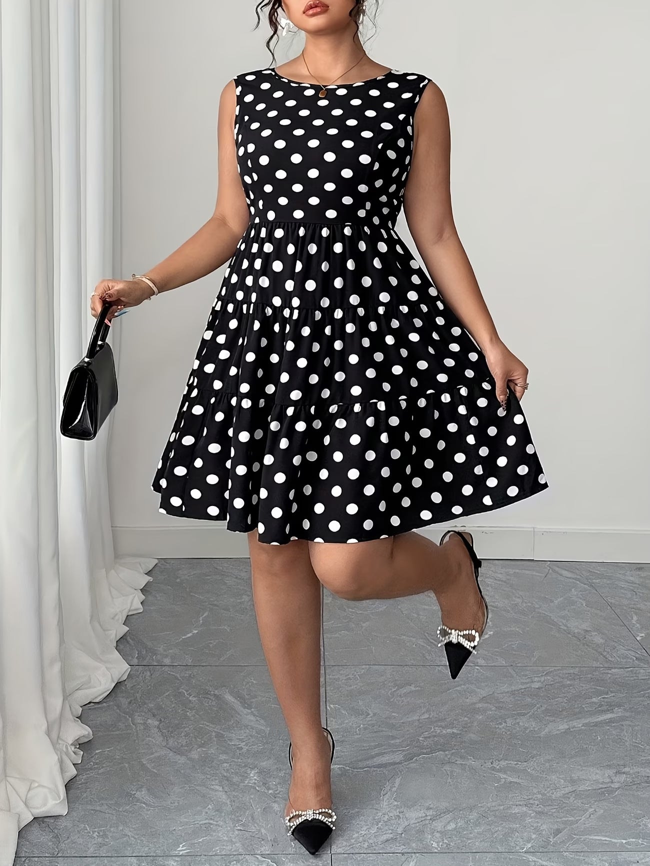 Women's Plus Size Polka Dot Midi Dress - Summer Retro Style, Waist-Defining, Short Sleeve, Comfortable Casual Dress