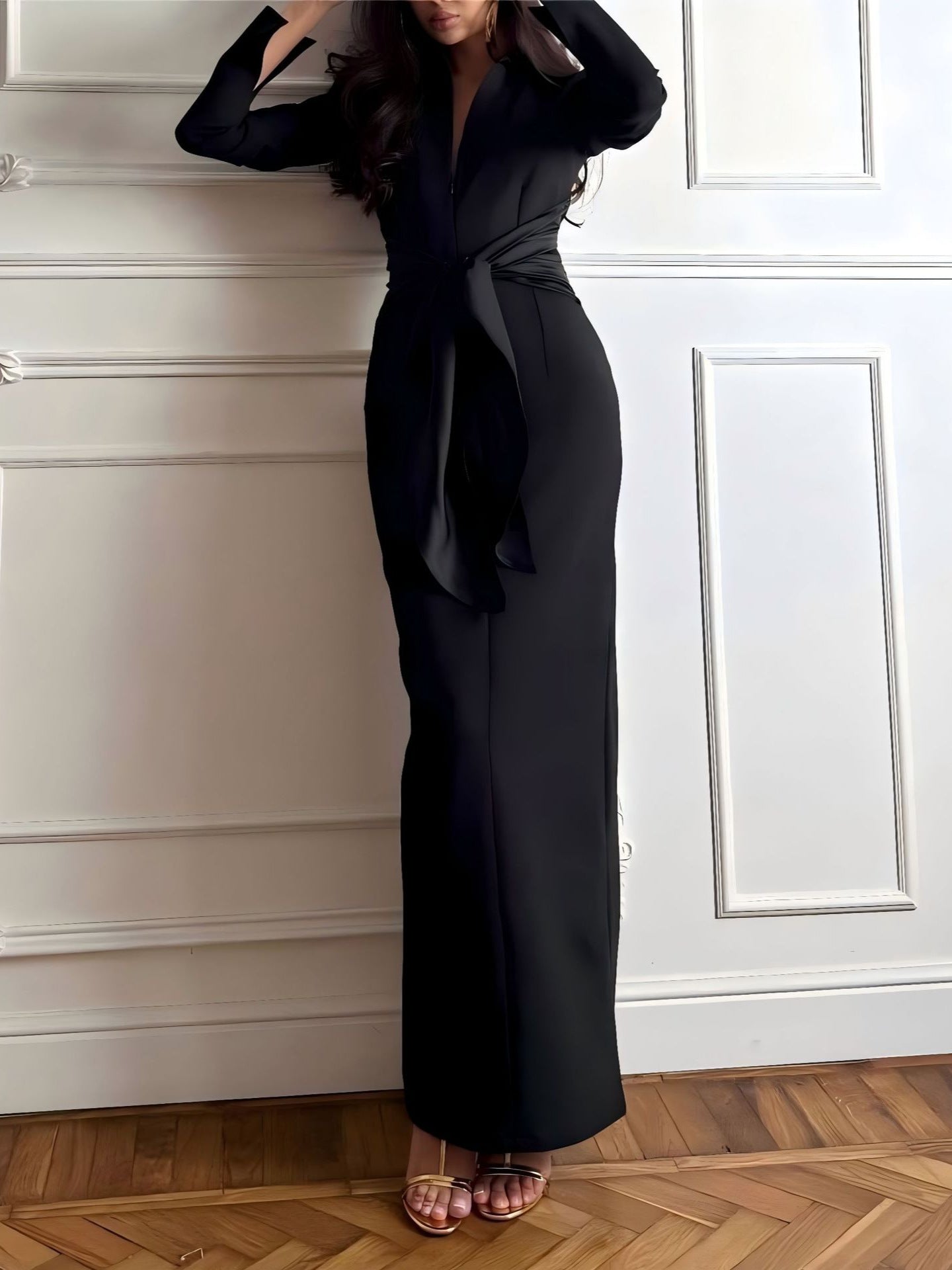 Women's Solid Color Waist Tie Long Sleeve Slim Fit Midi Dress with Elegant Silhouette