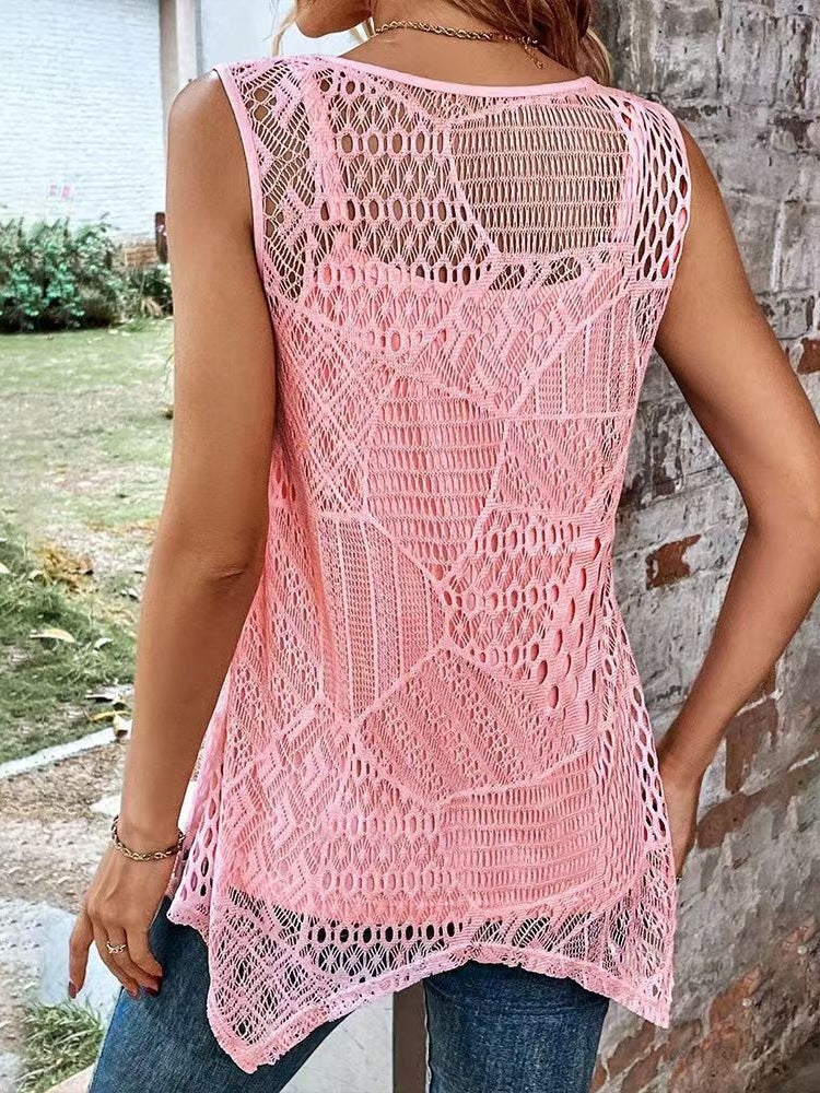 Summer New Casual Pure Color Vest Cut Out Lace Splicing U-Neck Cardigan Top for Women
