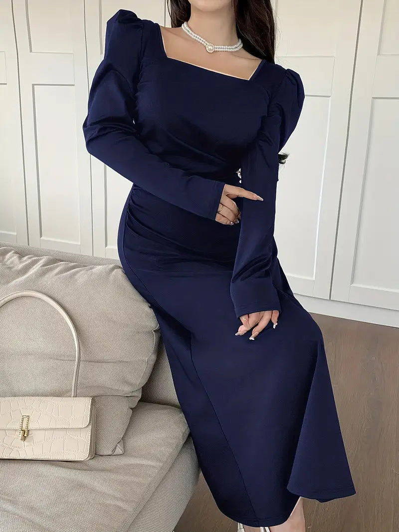 Women's French-Inspired Square Neck Back Design Bow Waist Long Sleeve Midi Dress