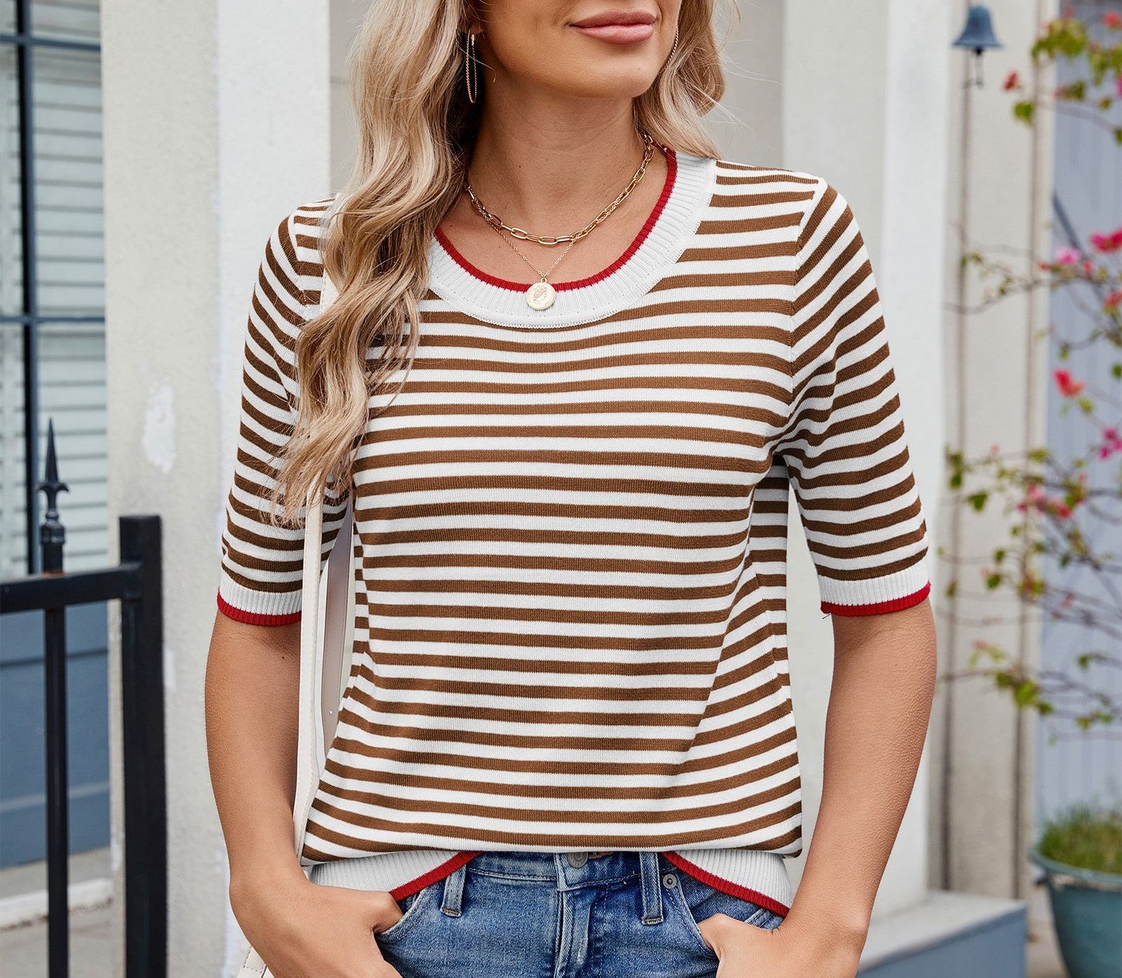 Women's Summer Knitted Ice Silk T-Shirt - Short Sleeve, Contrast Color, British College Style