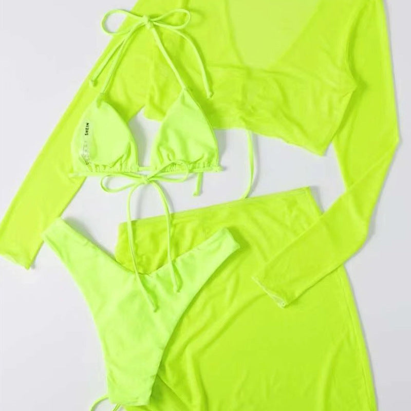 Four-Piece Women's Bikini Set with Long Sleeve Top and Split Gauze Skirt - Solid Color Swimsuit