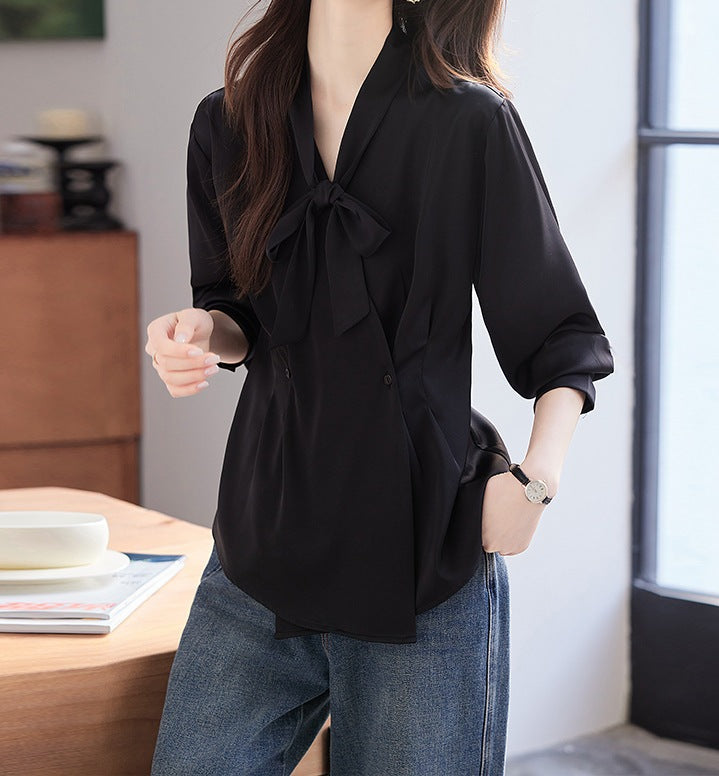 Elegant Women's Bow Detail Long-Sleeve Shirt - Premium Spring & Autumn Fashion Top