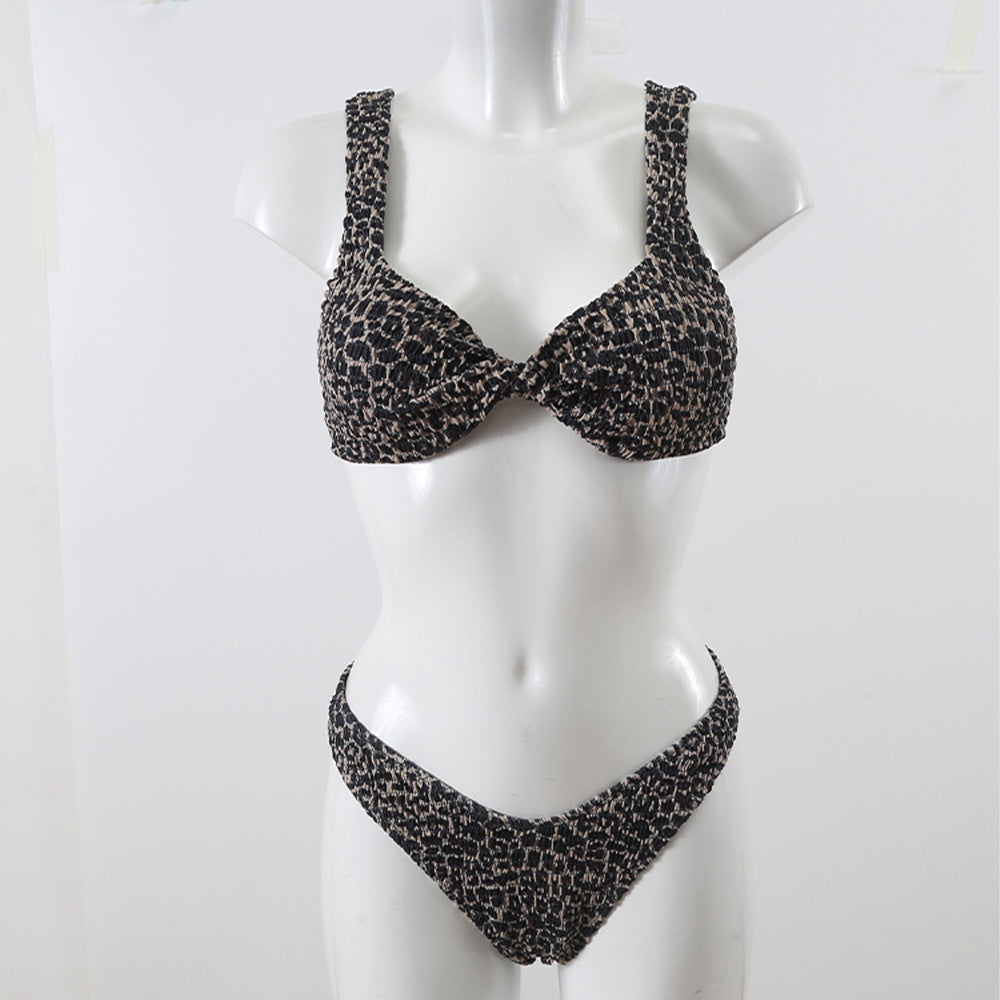Leopard Print Twist Bag with Shoulder Strap & Three-Point Split Bikini Set