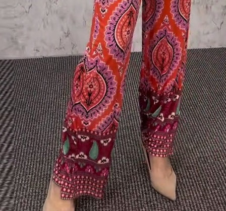 Women's Printed V-Neck Long Sleeve Top and Casual Pants Two-Piece Set