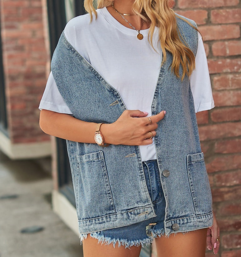 Women’s New Washed Denim Vest – Slim-Fit Sleeveless Jean Top