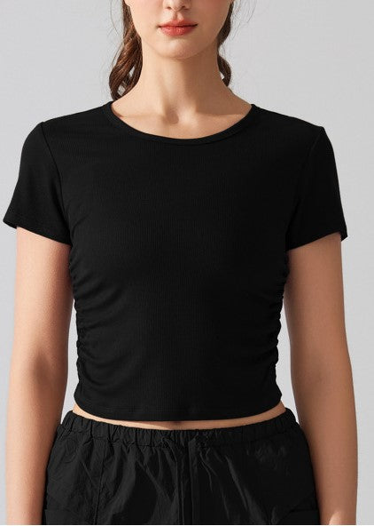 Pleated Waist Slimming T-Shirt Women's Ribbed Stretch Short Sleeve Sports Top for Summer Fitness Yoga & Running