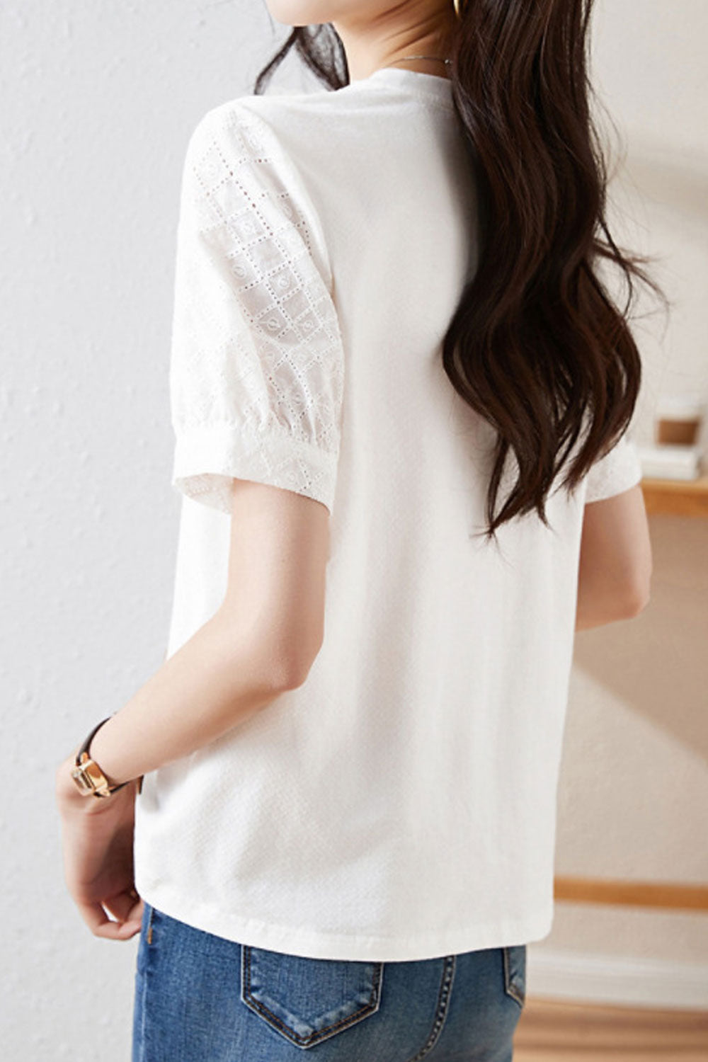 Women Cotton Embroidery Stitching Summer New Solid Color Short Sleeves Blouse