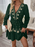 Women's V-Neck Printed Pleated Waist Dress – Long Sleeve Casual Fashion Midi Dress