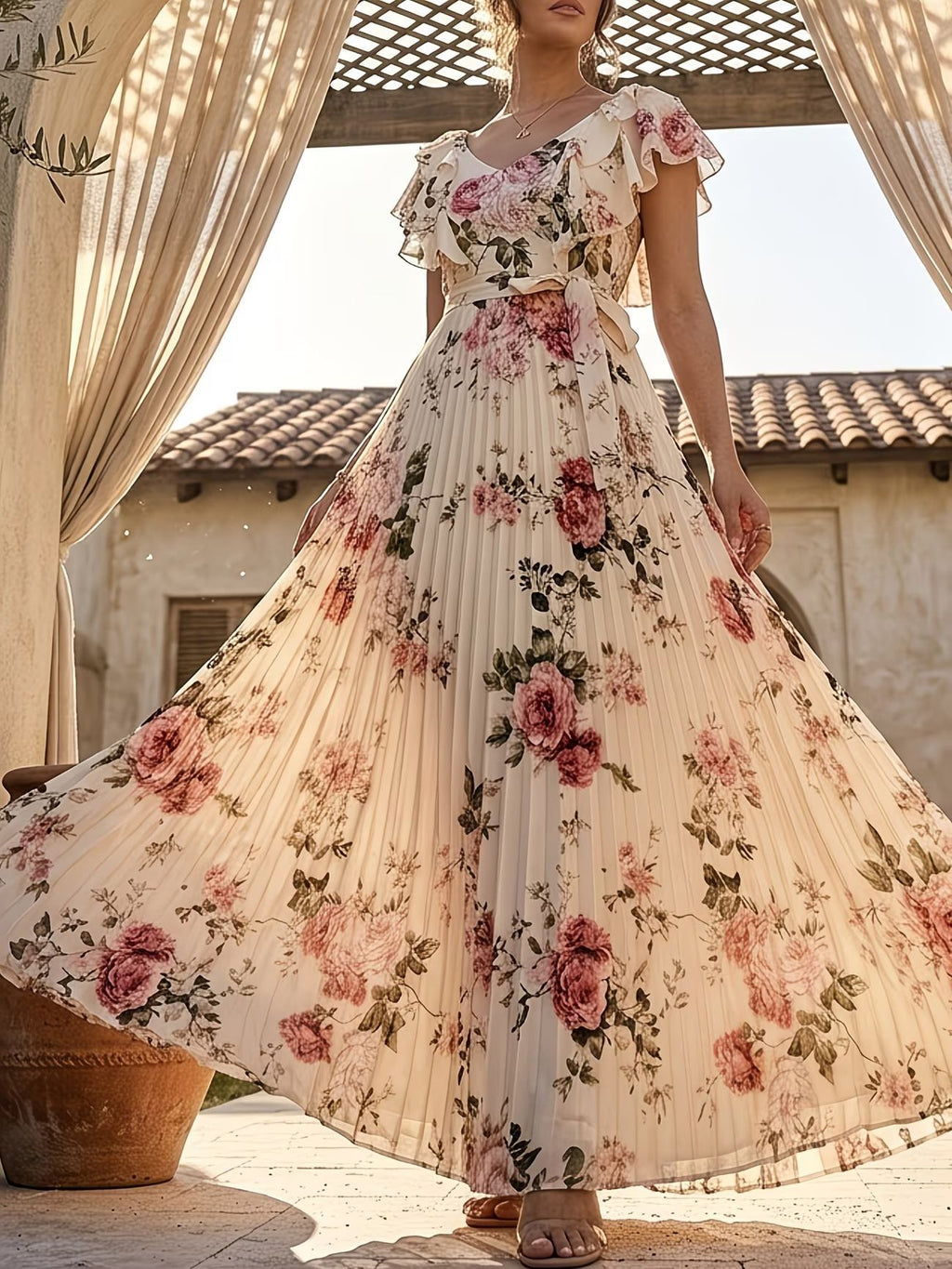 Women's Plus Size Printed Pleated Maxi Dress with V-Neck Ruffle Sleeves Waist-Defining A-Line Vacation Long Dress
