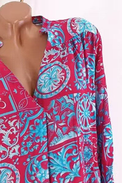Summer New Casual Printed V-Neck Long Sleeve Shirt Top for Women