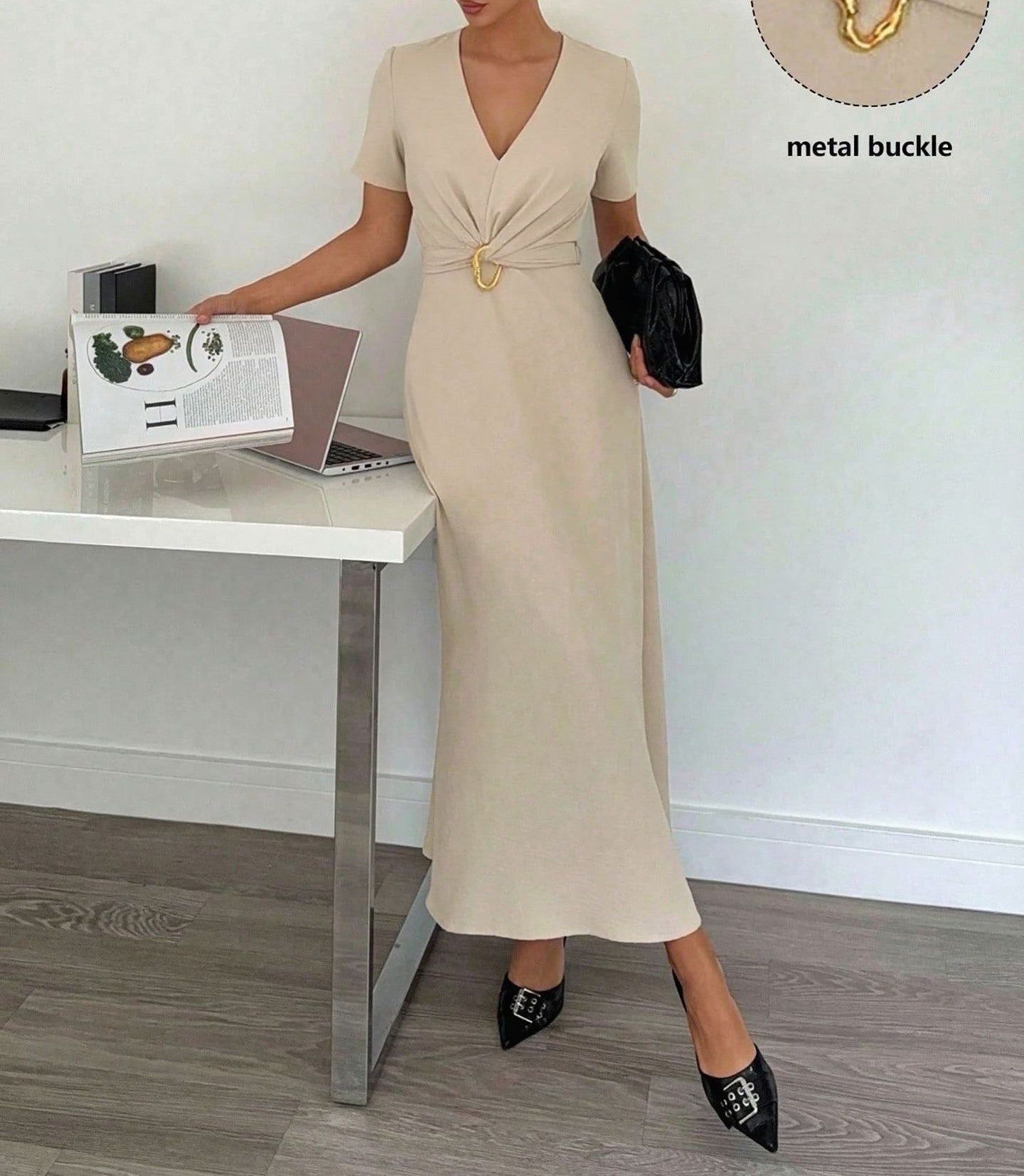 Women's Elegant V-Neck Short Sleeve Maxi Dress, Solid Color Waist-Cinching Long Dress, Flattering A-Line Casual Party Evening Dr