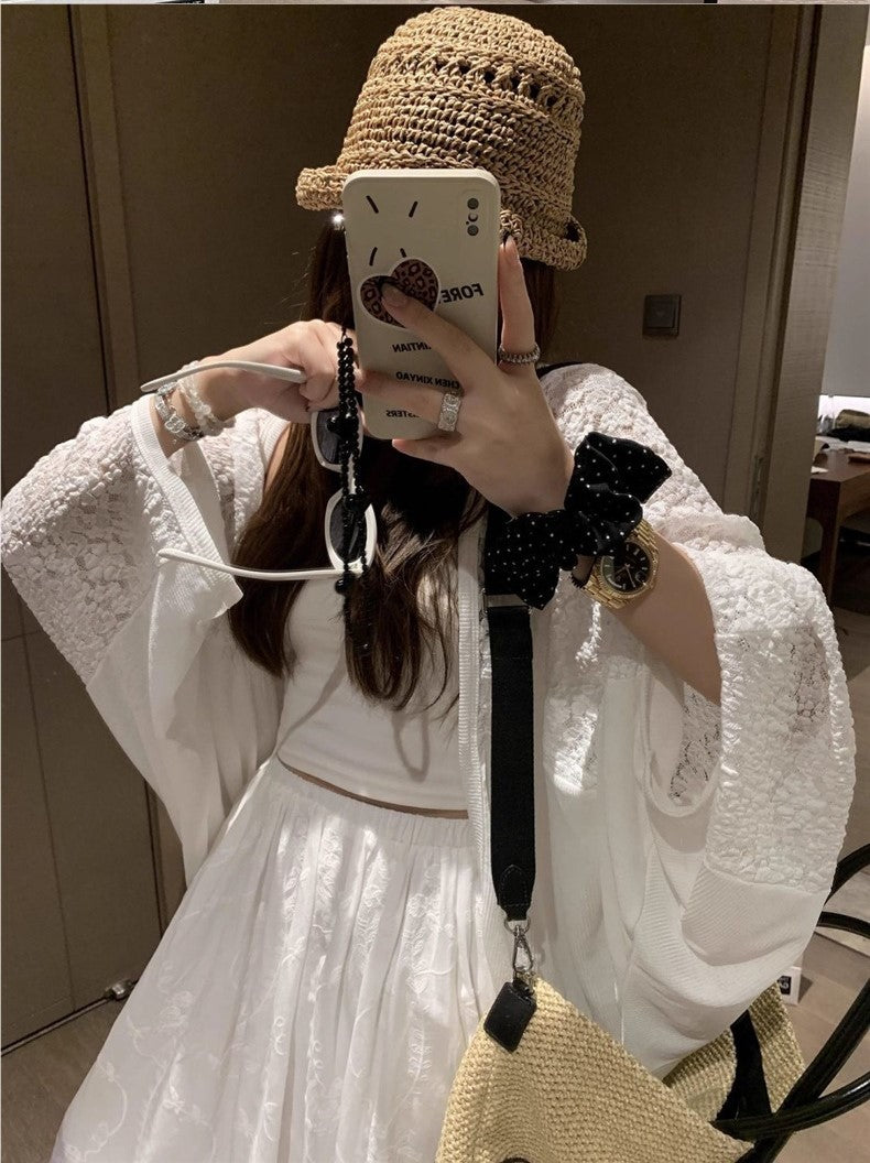 Women's Lace Patchwork Sun Protection Cardigan – Lightweight Summer Open Front Mid-Length Shawl Cover-Up