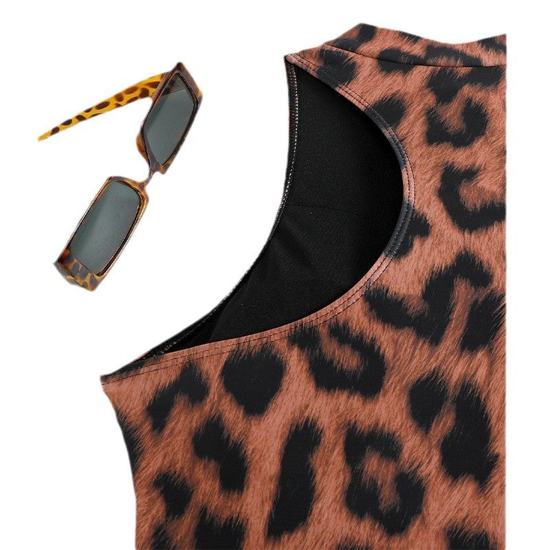 Leopard Print High Collar Sleeveless Zipper Bikini Belly Swimsuit
