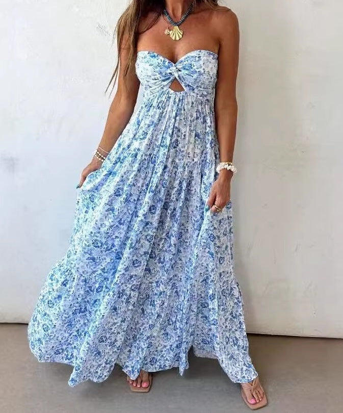 Women's Strapless Sleeveless Backless Floral Dress – Elegant Printed Summer Dress