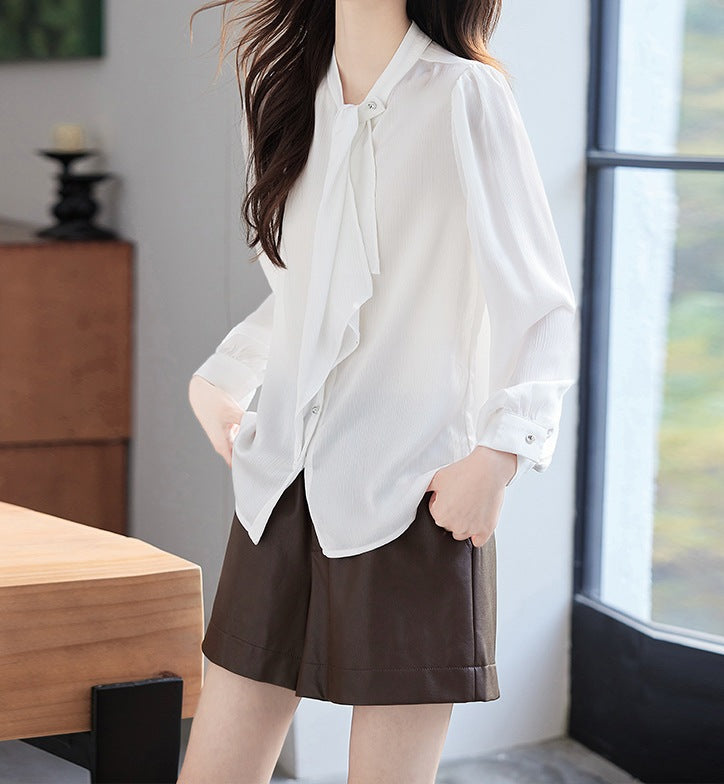 Women's Elegant Ribbon-Tie Long Sleeve Shirt - Premium Spring & Autumn Fashion Blouse