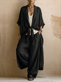 Casual Loose Solid Color Tie-Up Cardigan & Long Pants Women's Lounge Set