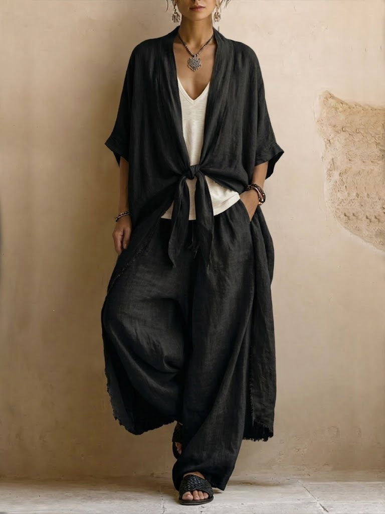 Casual Loose Solid Color Tie-Up Cardigan & Long Pants Women's Lounge Set