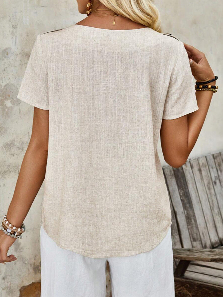 Women's Solid Color Round Neck Short Sleeve Button Front Casual Top