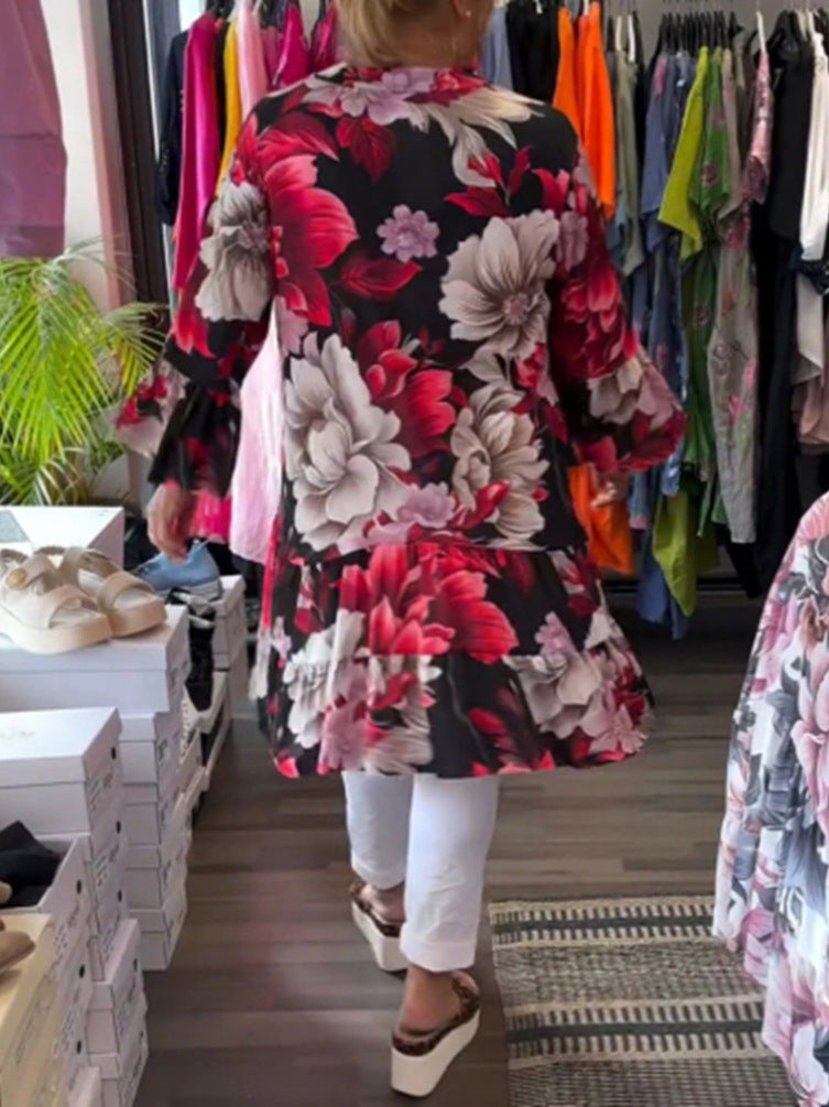 Women's Summer Printed Stand Collar Long Sleeve Loose Casual Dress