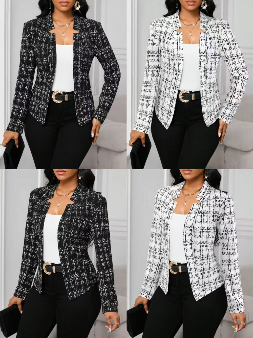 Women's Autumn Winter Printed Plaid Long Sleeve Slim Fit Button Front Casual Jacket